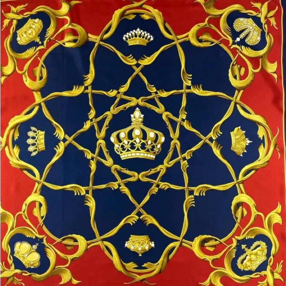 Hermes Royal Motif Red and Blue Silk Scarf with Gold Accents 90x90